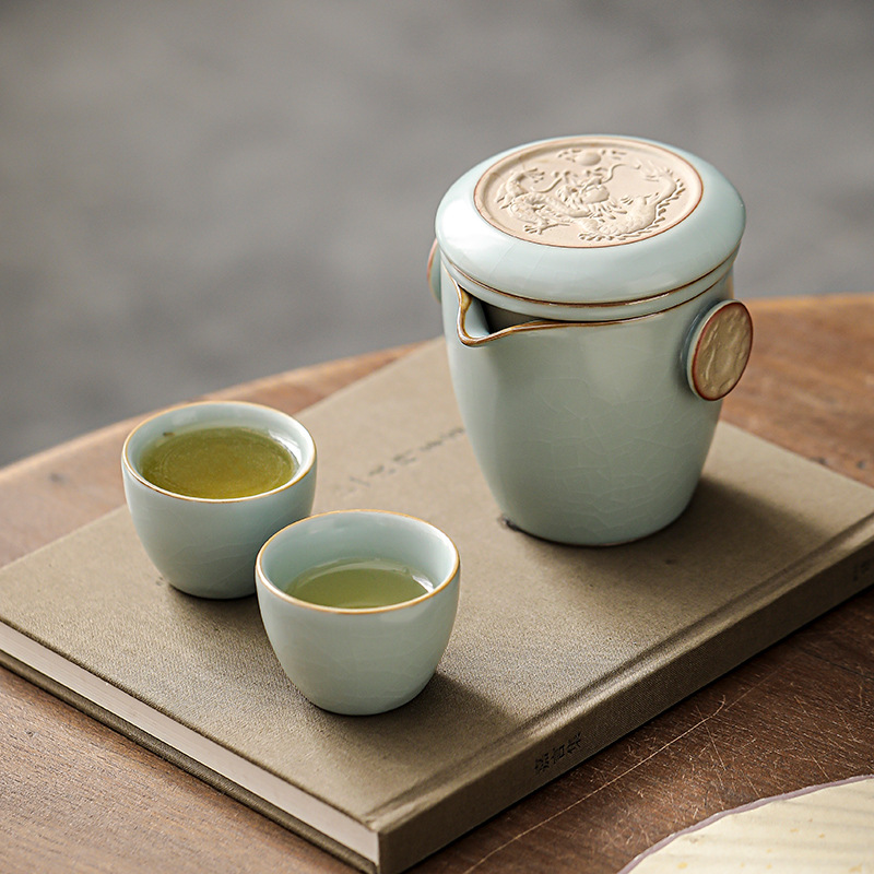 祥龙汝窑快客杯旅行茶具套装户外简约式浮雕龙年泡茶壶伴手礼