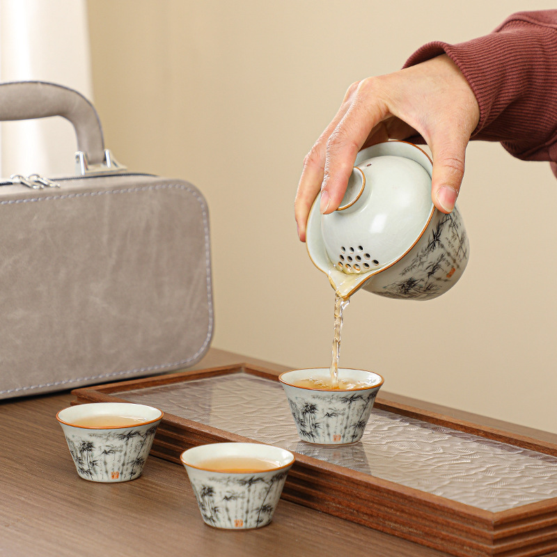 汝窑旅行茶具套装陶瓷户外泡茶壶式一壶三杯公司商务实用礼品