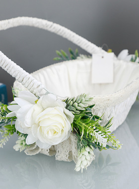 新款西式婚礼撒花花篮仿真玫瑰花装饰蝴蝶结白色手提花篮婚庆用品