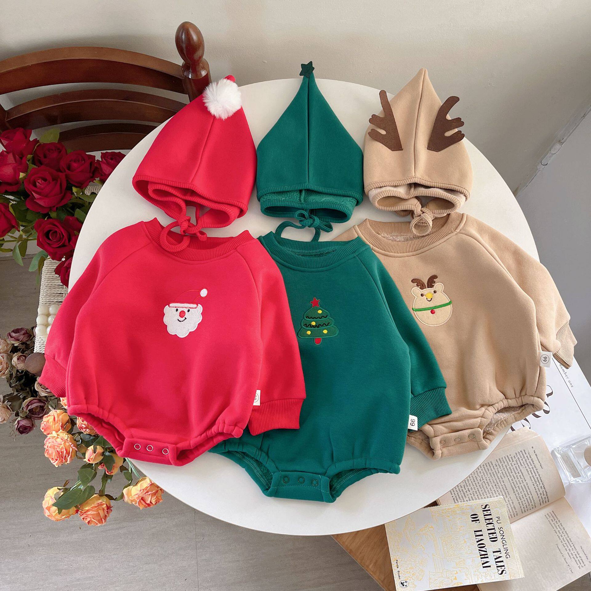 婴儿连体衣加绒加厚卫衣秋冬宝宝包屁衣衣服儿童童装新年圣诞服装