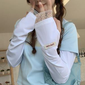 夏季新款纯色长款百搭宽松冰袖防紫外线冰丝防晒袖套女蕾丝