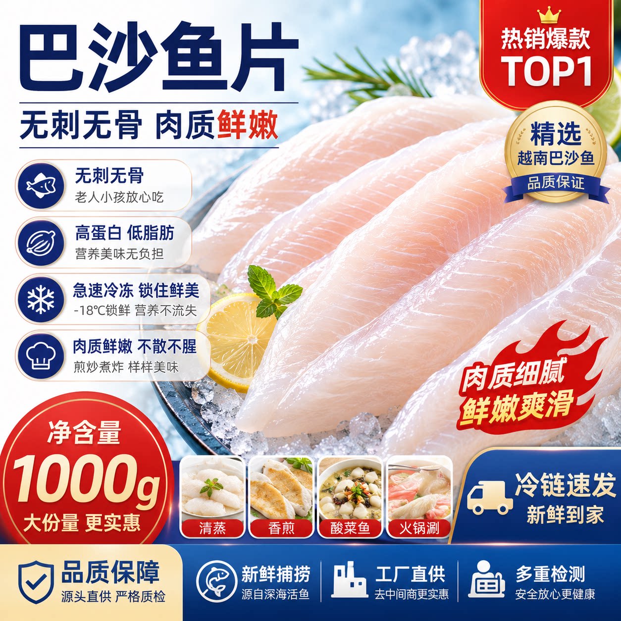 巴沙鱼柳冷冻非龙利鱼片婴儿无刺无骨鱼肉新鲜免浆开背鱼宝宝商用