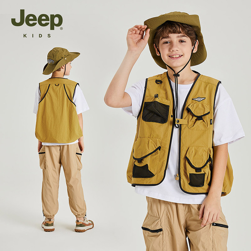 户外Jeep童装工装马甲男童2026夏季新款儿童 旅行背心口袋中大童