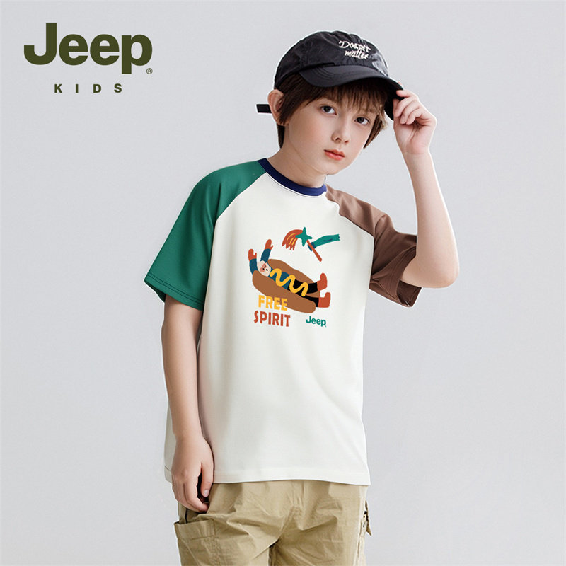 Jeep吉普童装男童童趣短袖T恤2026夏季新款儿童拼色插肩袖半袖潮