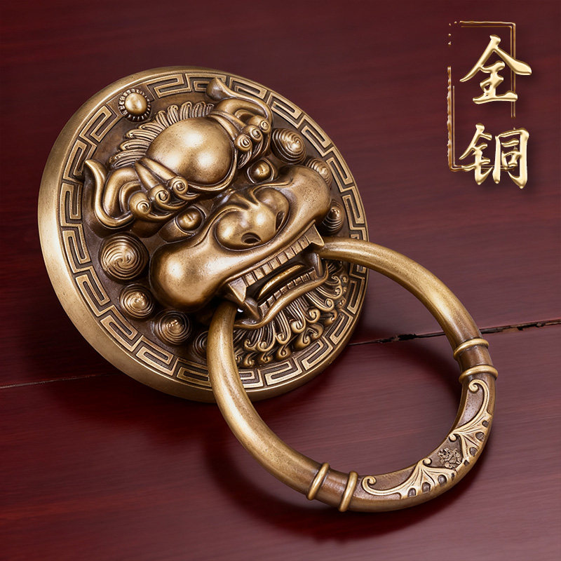 中式纯黄铜兽头门环仿古麒麟狮子头虎头把手复古木门拉环大门拉手