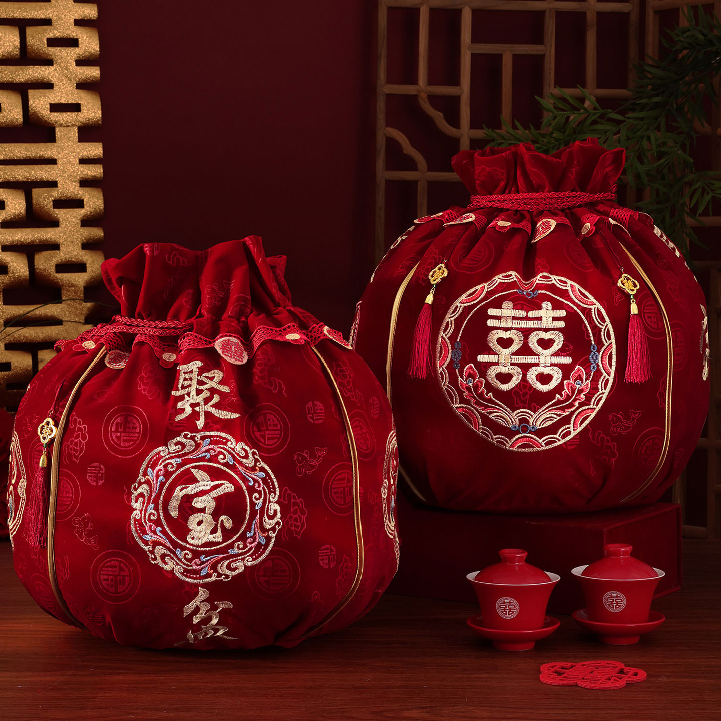 红色喜字束口袋结婚包盆专用大号包袱皮聚宝盆新娘陪嫁用品礼品袋