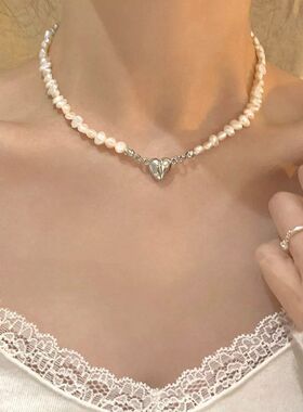 巴洛克风淡水珍珠项链女锁骨链韩版爱心磁铁扣个性小众颈链新潮款