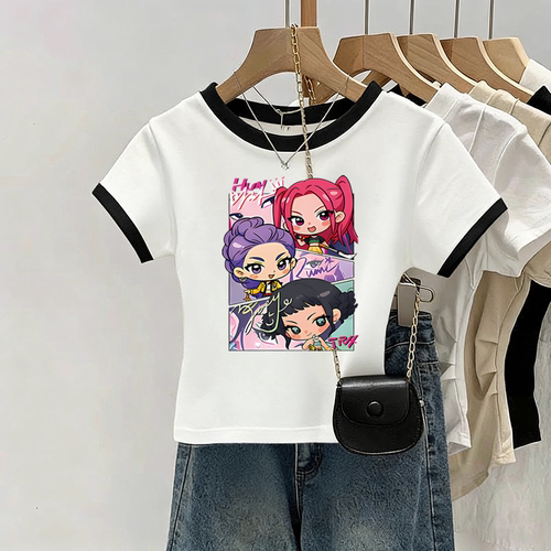 kpop猎魔女团周边女童修身短袖t恤demon hunters夏季短款上衣半袖