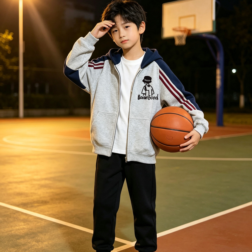 男童拼色连帽外套春秋中大童撞拉链开衫儿童宽松休闲运动卫衣外套
