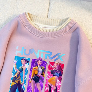 kpop猎魔女团女童卡通印花卫衣宽松衣服冬季加厚假两件双层领上衣