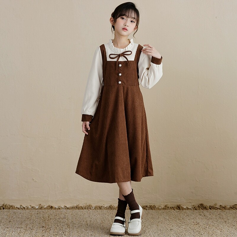 中小学生早秋季新款复古休闲风连衣裙女童气质淑女长袖假两件裙子