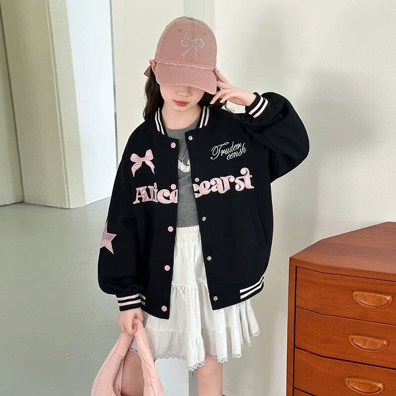 女童时尚棒球服春秋装新款儿童蝴蝶结字母开衫夹克小女孩休闲外套