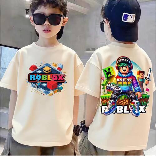 我的世界可爱卡通夏季男中大儿童纯棉短袖圆领宽松ROBLOX印花上衣