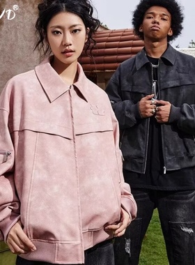 机车皮衣夹克外套男女同款宽松翻领多口袋工装风黑色粉色潮流上衣