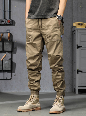 新款男日系束脚宽松长裤工装裤个性时尚百搭多口袋美式复古机车裤