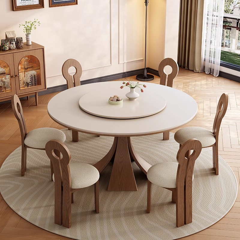 轻奢风岩板餐桌椅组合圆桌中古风家用小户型简约饭桌