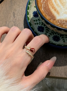 安可拉红色滴釉玫瑰开口戒指女复古气质花朵食指戒轻奢高级感指环