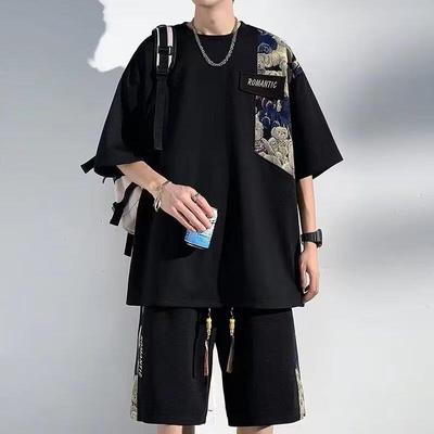 新中式小熊刺绣短袖五分裤男款夏季宽松国风衬衣潮牌青年休闲套装