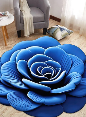 蓝花100*100cm圆形地垫3D立体大花田园牡丹浴室卧室吸水厨房地毯