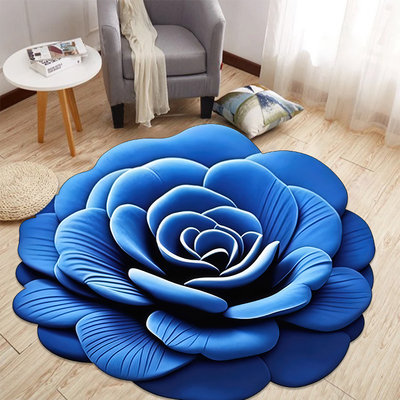 蓝花100*100cm圆形地垫3D立体大花田园牡丹浴室卧室吸水厨房地毯