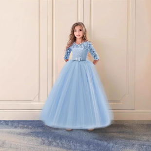 女童蝴蝶结蓬蓬裙花童婚纱礼服童裙girldress公主七分袖连衣裙