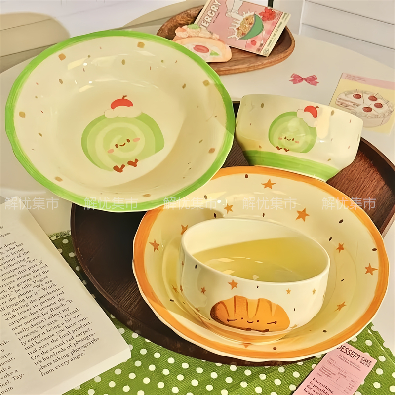 可爱卡通陶瓷碗盘套装少女心家用一人食餐具学生儿童饭碗高颜值