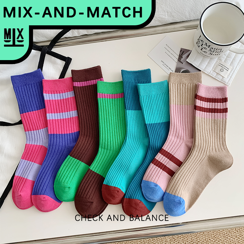 Tormtoe-袜子-中筒多巴胺拼色纯棉袜ins潮韩国运动堆堆袜网红