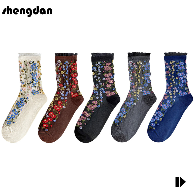 复古碎花袜子女中筒春秋款纯棉ins潮韩国日系可爱夏季薄款堆堆袜