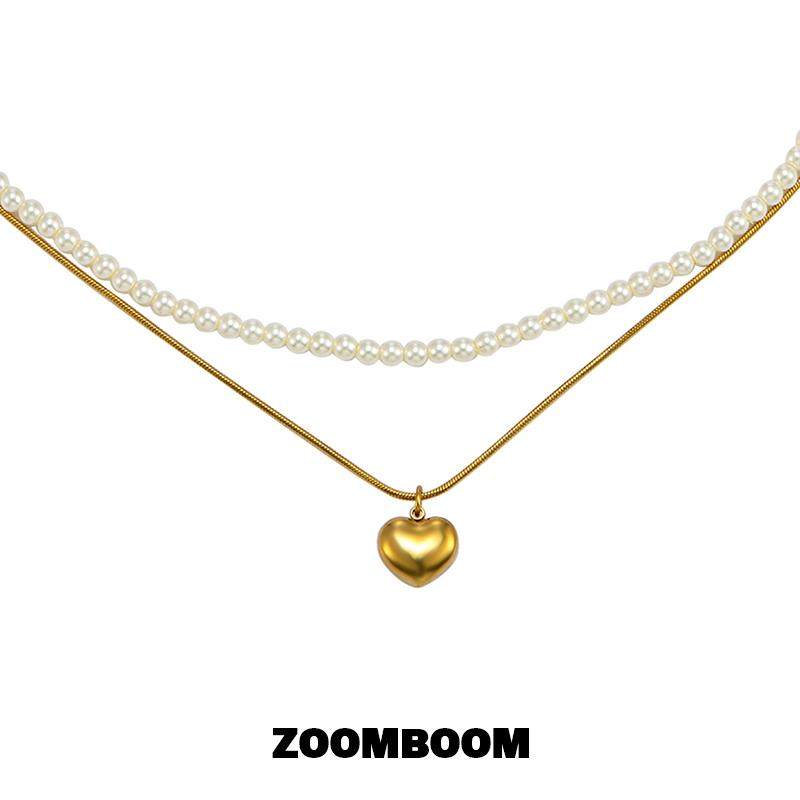 ZOOMBOOM 双层叠戴珍珠金色爱心项链女轻奢小众高级感锁骨链颈链