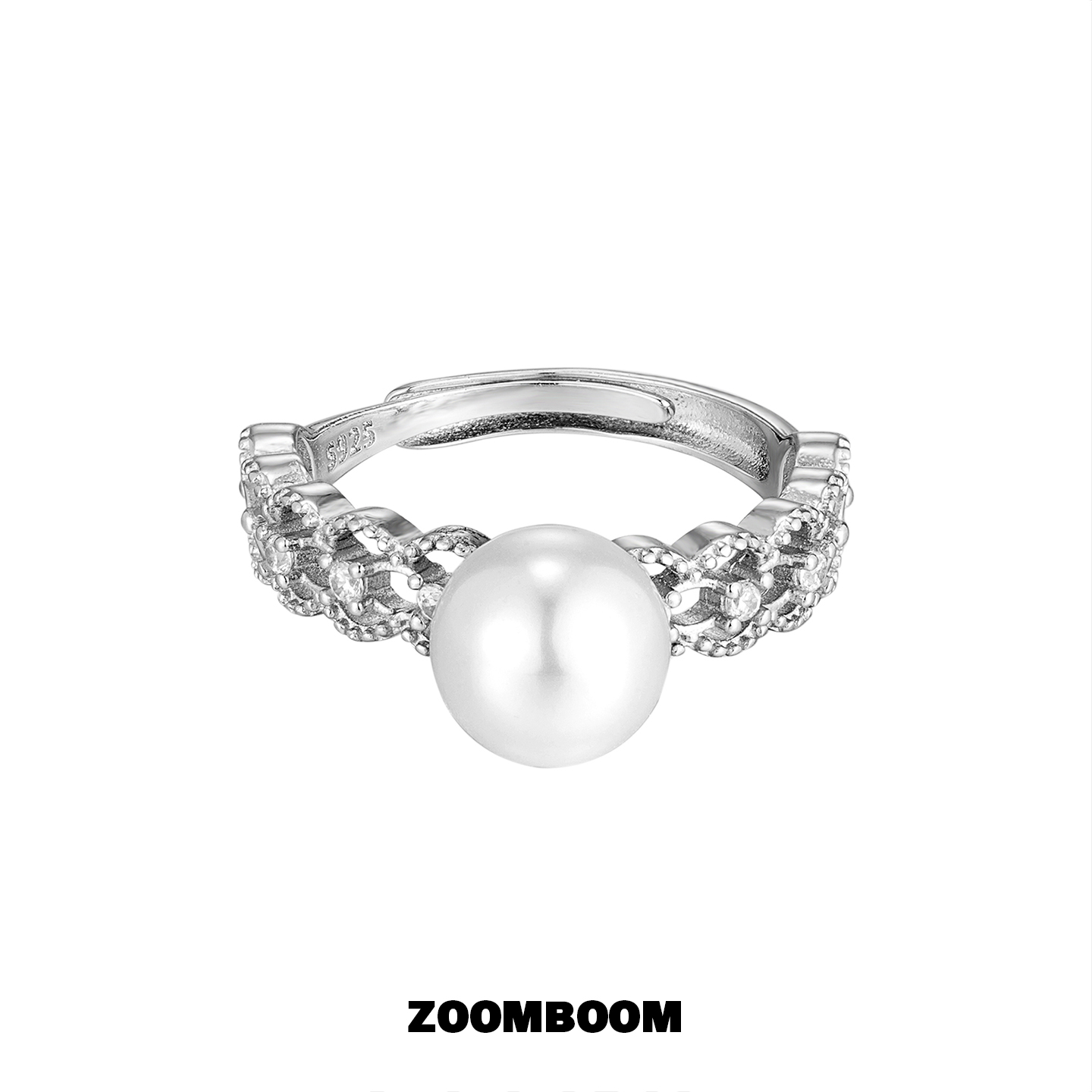ZOOMBOOM 925纯银蕾丝造型单贝珠锆石戒指女可调节指环轻奢感