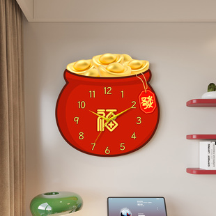 福字装饰画挂钟客厅新款红色喜庆挂墙钟表家用餐厅创意日历石英钟