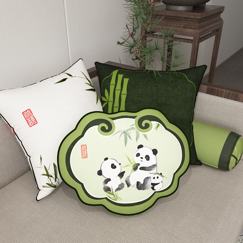 抱枕靠垫熊猫绿色竹子春款新中式水墨靠垫客厅沙发坐墩坐垫靠枕