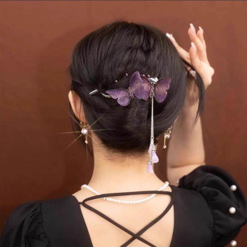 下单立减50】新年梅花蝴蝶流苏后脑勺盘发一字夹发夹女古风扭扭夹