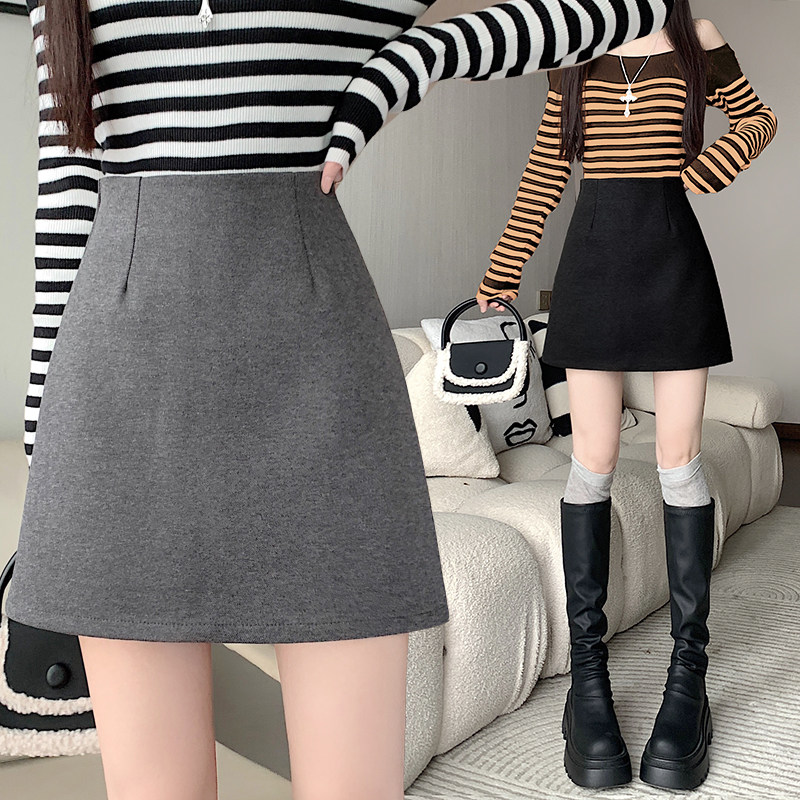 实拍秋冬优质毛呢垂感羽绒服百搭灰色简单款防走光短裤半身裙女