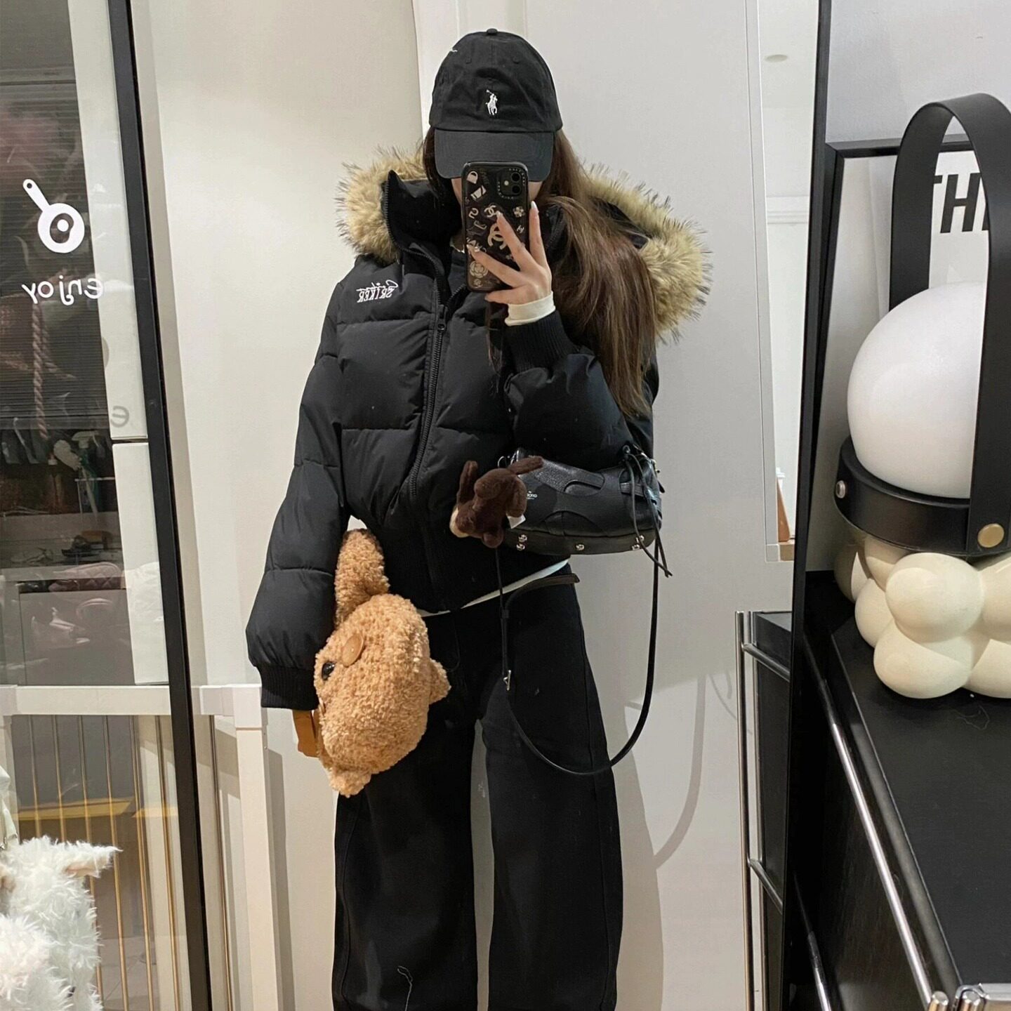 黑色短款大毛领连帽羽绒棉服女冬季2025新款保暖收腰显瘦棉衣棉袄