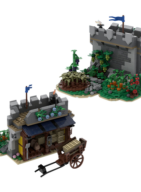 SETbricks积木人力车场和农田中世纪系列桌面摆件拼装玩具