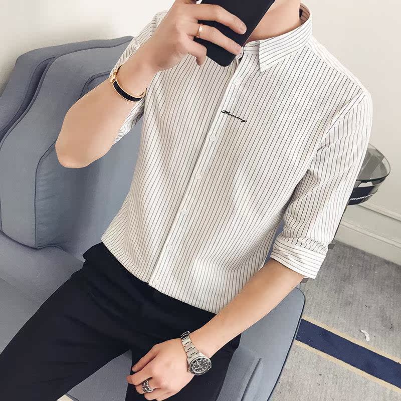 衬衫男士短袖条纹休闲衬衣日系七分袖夏季修身大码寸衫衣服男装潮