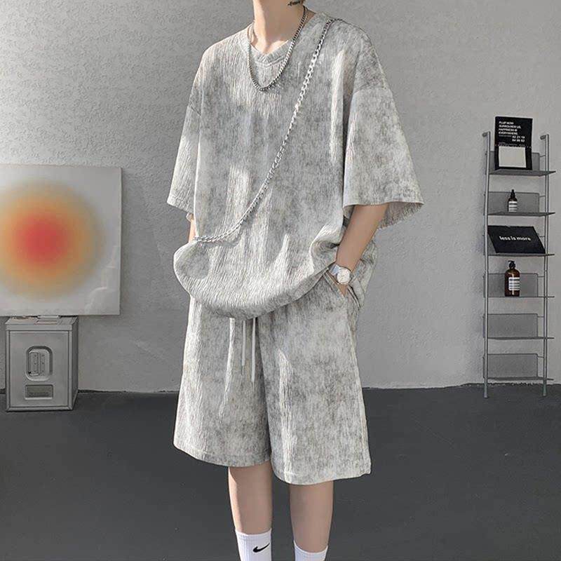 潮牌扎染冰丝运动套装男夏季2026新款宽松休闲短袖短裤穿搭两件套