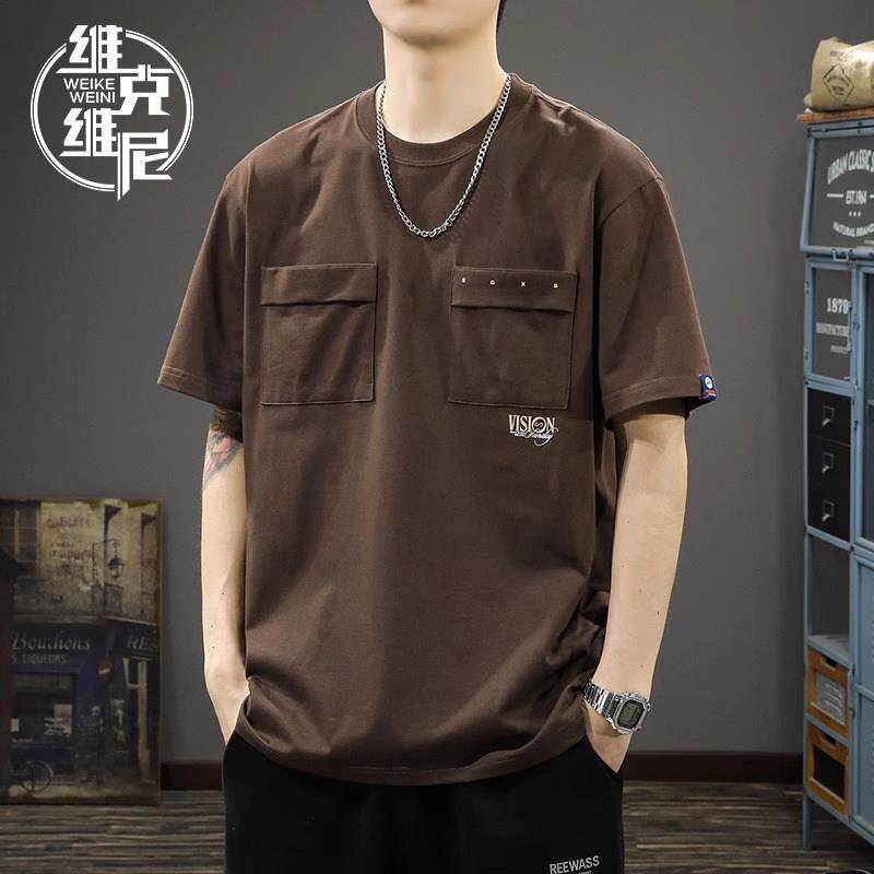 印花短袖T恤男夏季薄款潮牌痞帅休闲宽松圆领纯棉双口袋工装上衣