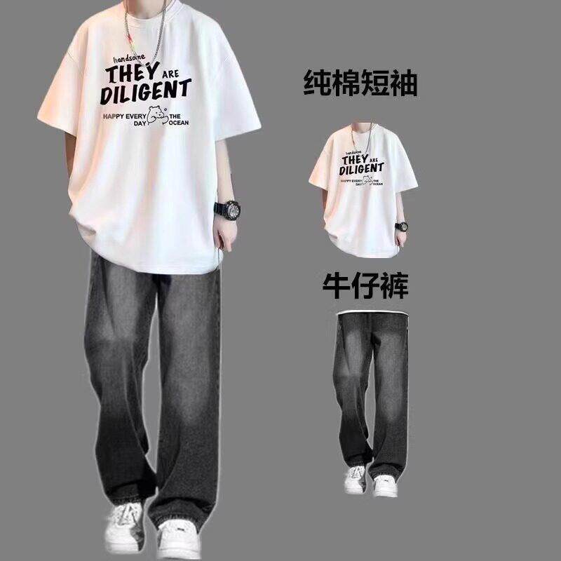 潮牌设计感印花短袖t恤套装男夏季高街痞帅穿搭牛仔裤休闲两件套