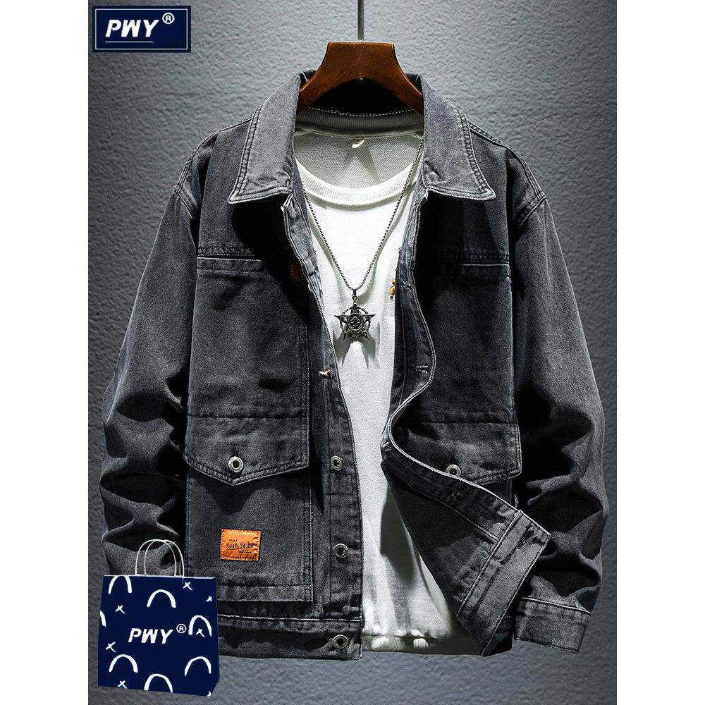 潮牌覆古高级感黑灰色牛仔外套男春秋季潮流休闲宽松大码工装夹克