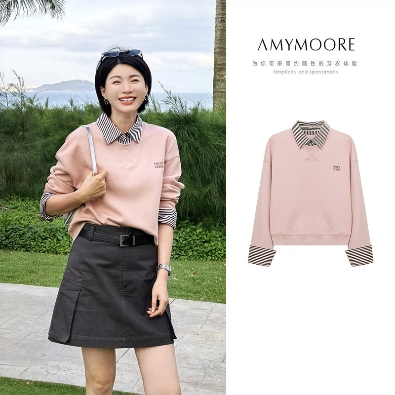 工作室原创AMYMOORE艾莫尔秋季女翻领休卫衣衬衫领假两件套头长袖