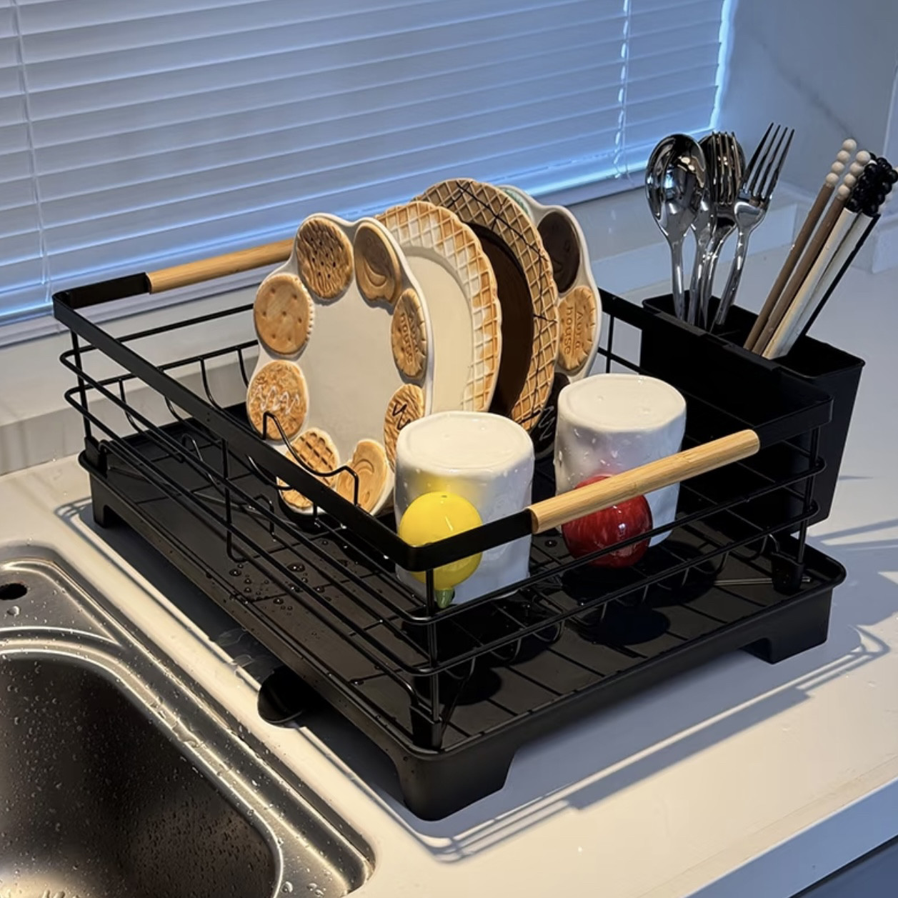 MOMO HOME厨房置物架餐具收纳沥水碗架沥水架日式铁艺双层碗碟架