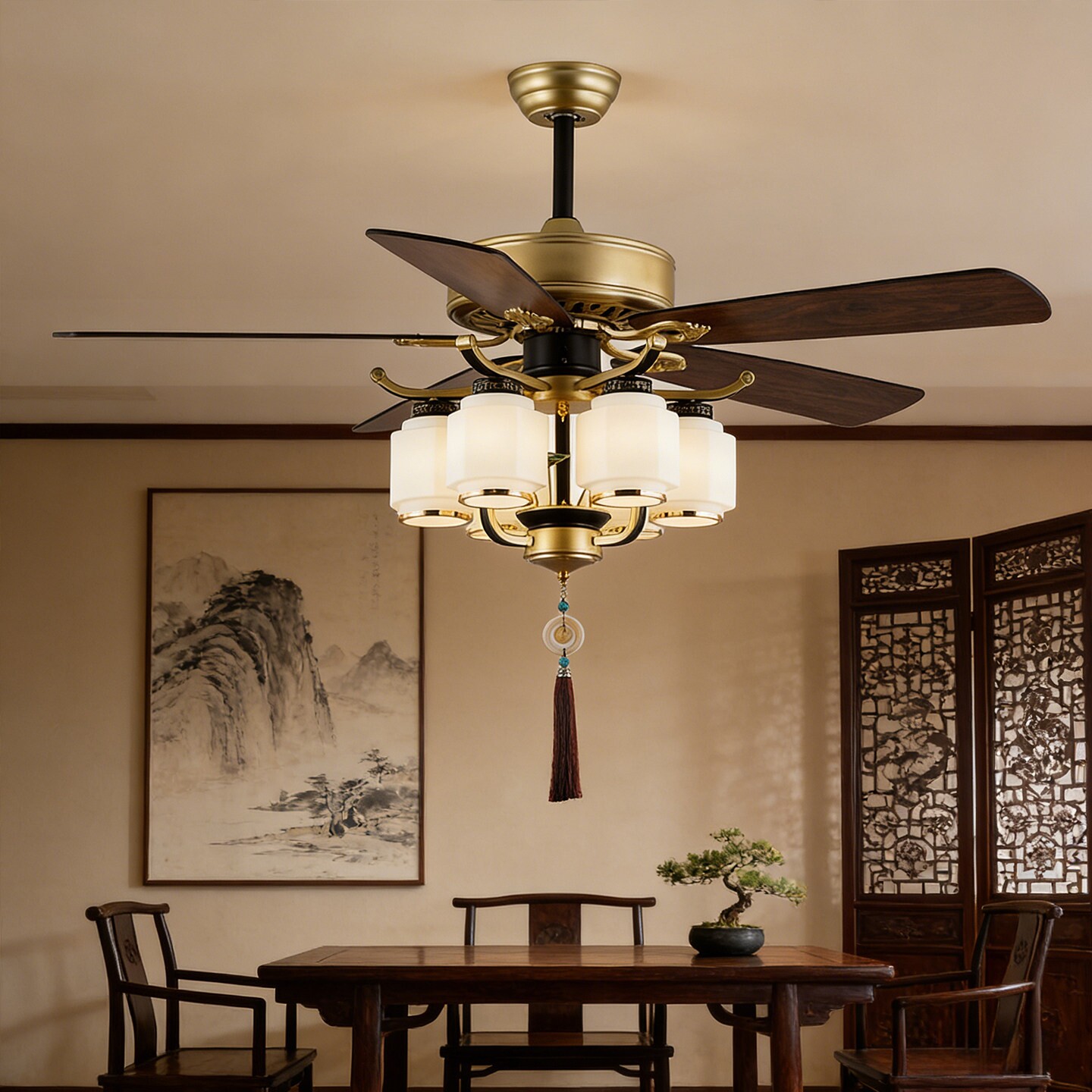 新中式复古吊扇灯客厅餐厅卧室吊家用装饰风扇灯扇中古风智能一体