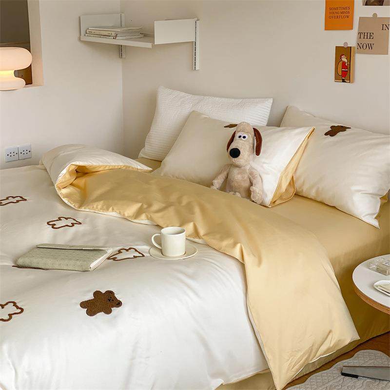 100S贡缎轻奢长绒棉全棉刺绣四件套可爱卡通毛巾绣纯棉床笠式床品