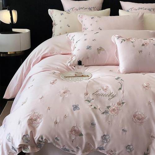 粉白温馨浪漫花朵刺绣100支长绒棉四件套纯棉贡缎被套全棉田园风