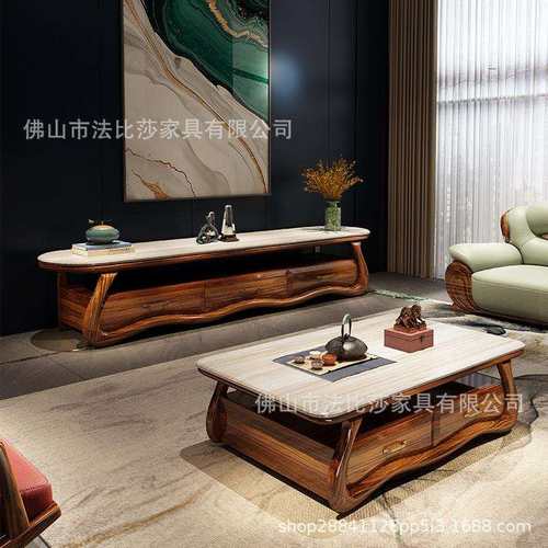 乌金木茶几电视柜新中式小户型客厅现代简约大理石实木茶几电视柜
