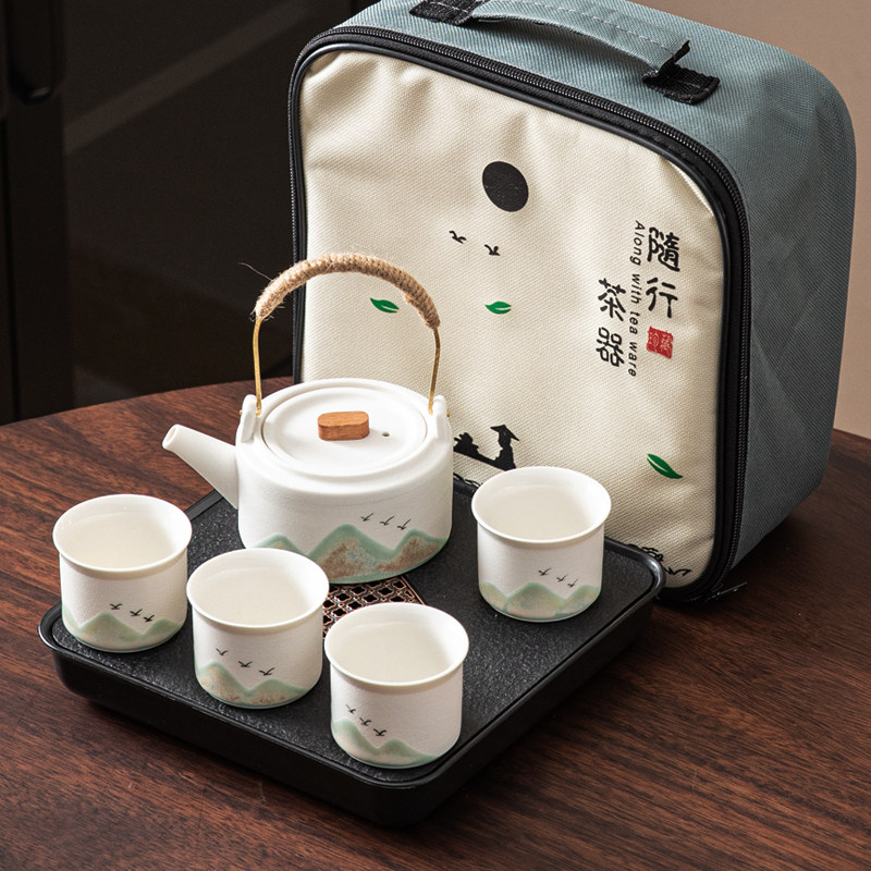 国风潮便携式旅行功夫茶具干泡茶盘提梁茶壶四茶杯陶瓷小套装露营