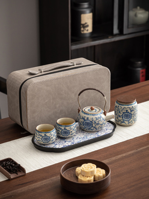 汝窑青花一壶两杯功夫茶具小套陶瓷茶壶茶盘0.05kg人饮茶器