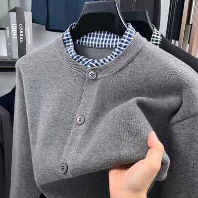 秋季新款男士假两件针织衫休闲时尚高端长袖开衫2025宽松男外套